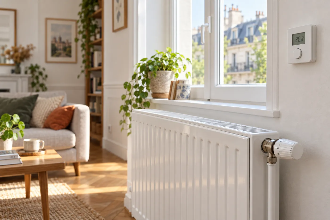 Radiateur à robinet thermostatique et thermostat d'ambiance dans un salon